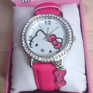 Hello Kitty Watch Silver Crystal Bezel Pink Bow Charm Leather Strap Y2K Bling